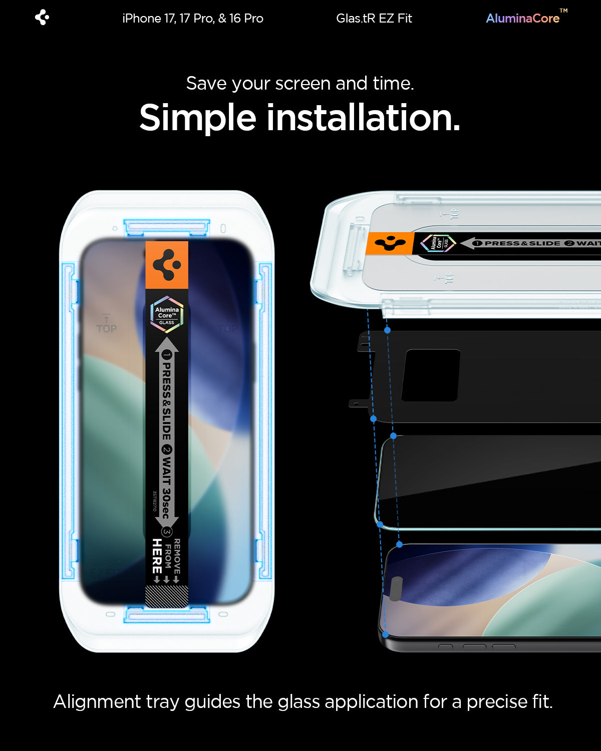 AGL07928 - iPhone 17 Pro / iPhone 17 GLAS.tR EZ Fit | Sensor Protected showing the simple installation. Save your screen and time.