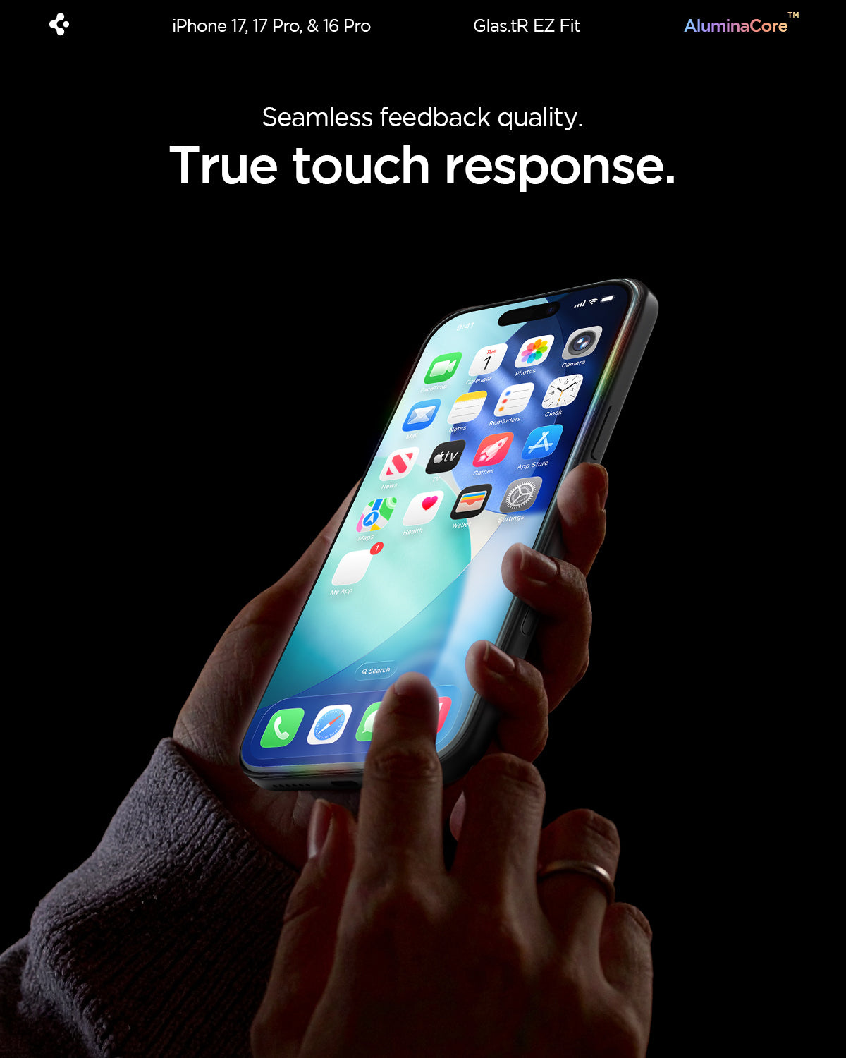 AGL07928 - iPhone 17 Pro / iPhone 17 GLAS.tR EZ Fit | Sensor Protected showing the seamless feedback quality with true touch response.