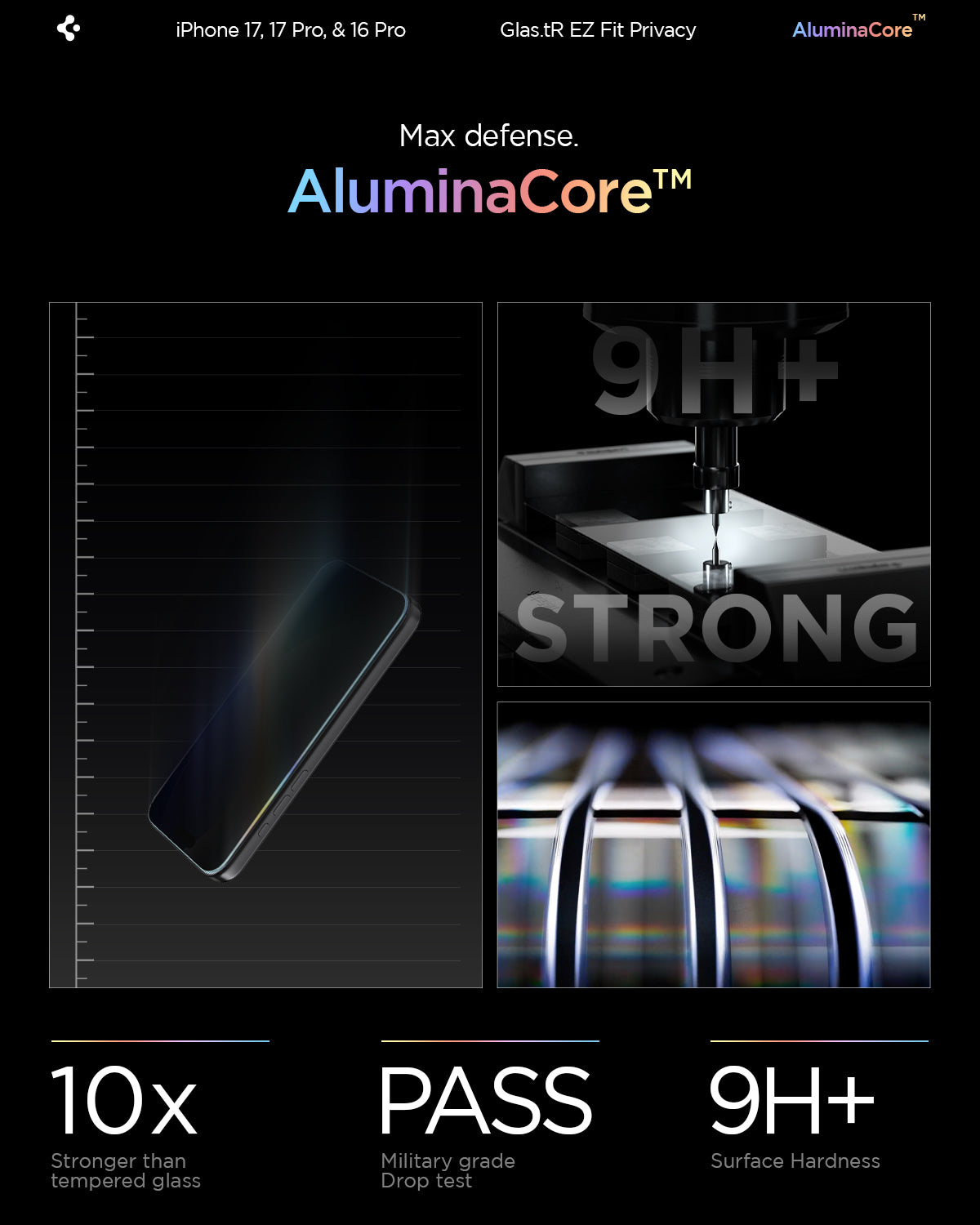 AGL07929 - iPhone 17 Pro / 17 GLAS.tR EZ Fit Privacy showing the max defense with aluminacore