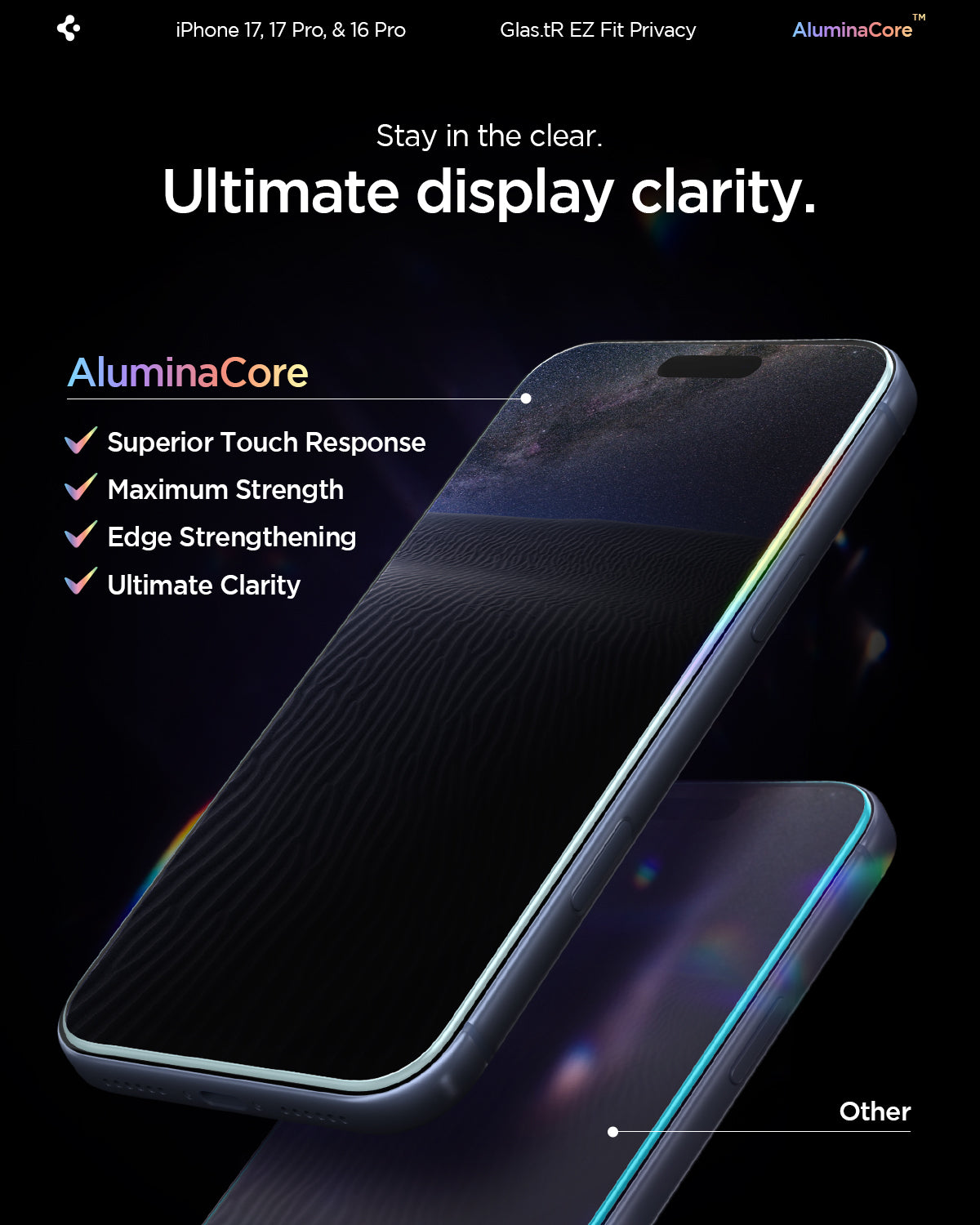 AGL07929 - iPhone 17 Pro / 17 GLAS.tR EZ Fit Privacy showing the ultimate display clarity. Stay in the clear.