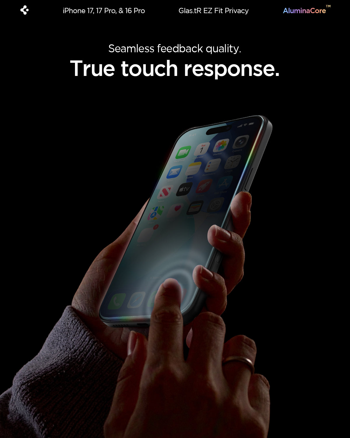 AGL07929 - iPhone 17 Pro / 17 GLAS.tR EZ Fit Privacy showing the seamless feedback quality with true touch response.