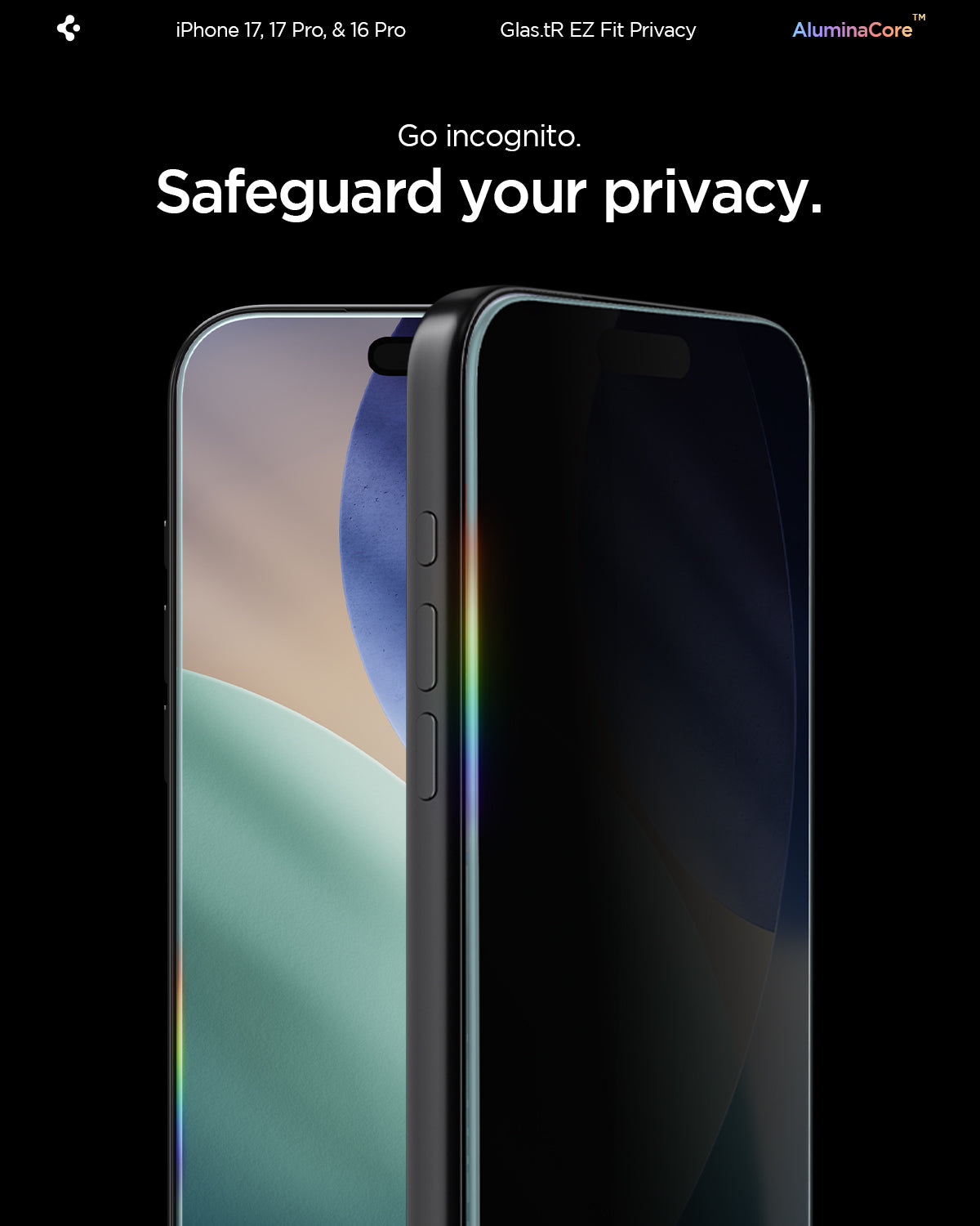 AGL07929 - iPhone 17 Pro / 17 GLAS.tR EZ Fit Privacy showing go incognito. Safeguard your privacy.