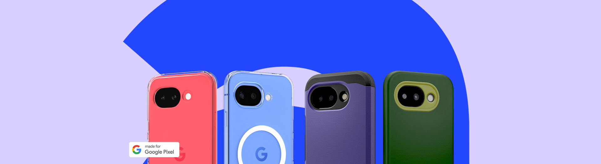 Purple background featuring Pixel 10a fitted with Clear Case, Tough Armor, and Nano Pop, showing back views.