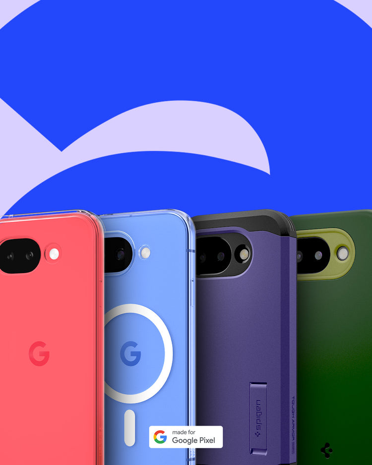 Purple background featuring Pixel 10a fitted with Clear Case, Tough Armor, and Nano Pop, showing back views.