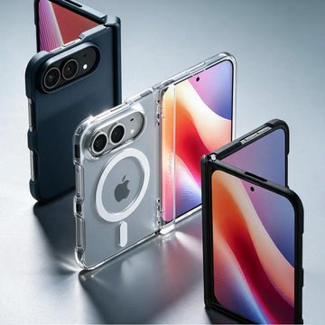 Three Spigen cases for a foldable phone shown open and closed: a metal slate case, a clear case with MagSafe ring, and a black case, all displaying colorful gradient screens