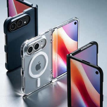 Three Spigen cases for a foldable phone shown open and closed: a metal slate case, a clear case with MagSafe ring, and a black case, all displaying colorful gradient screens
