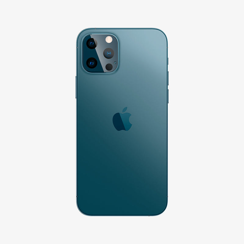 AGL02456 - iPhone 12 Pro Max Optik Lens Protector in Pacific Blue showing the back of the device with lens protector installed