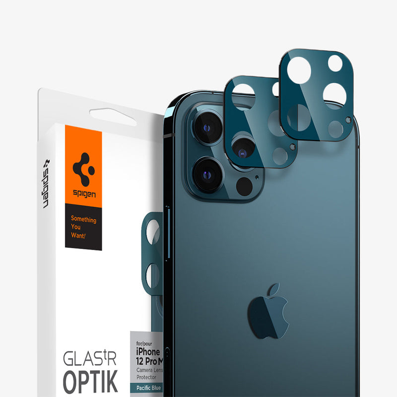 AGL02456 - iPhone 12 Pro Max Optik Lens Protector in Pacific Blue showing the lens protector hovering above another lens protector in front of the device and packaging