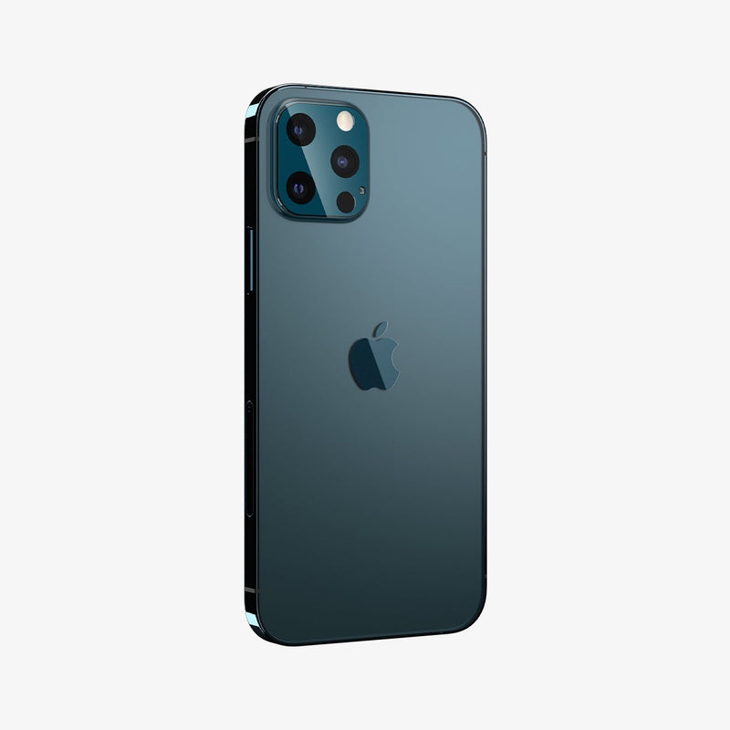 AGL02456 - iPhone 12 Pro Max Optik Lens Protector in Pacific Blue showing the device and partial side with lens protector installed