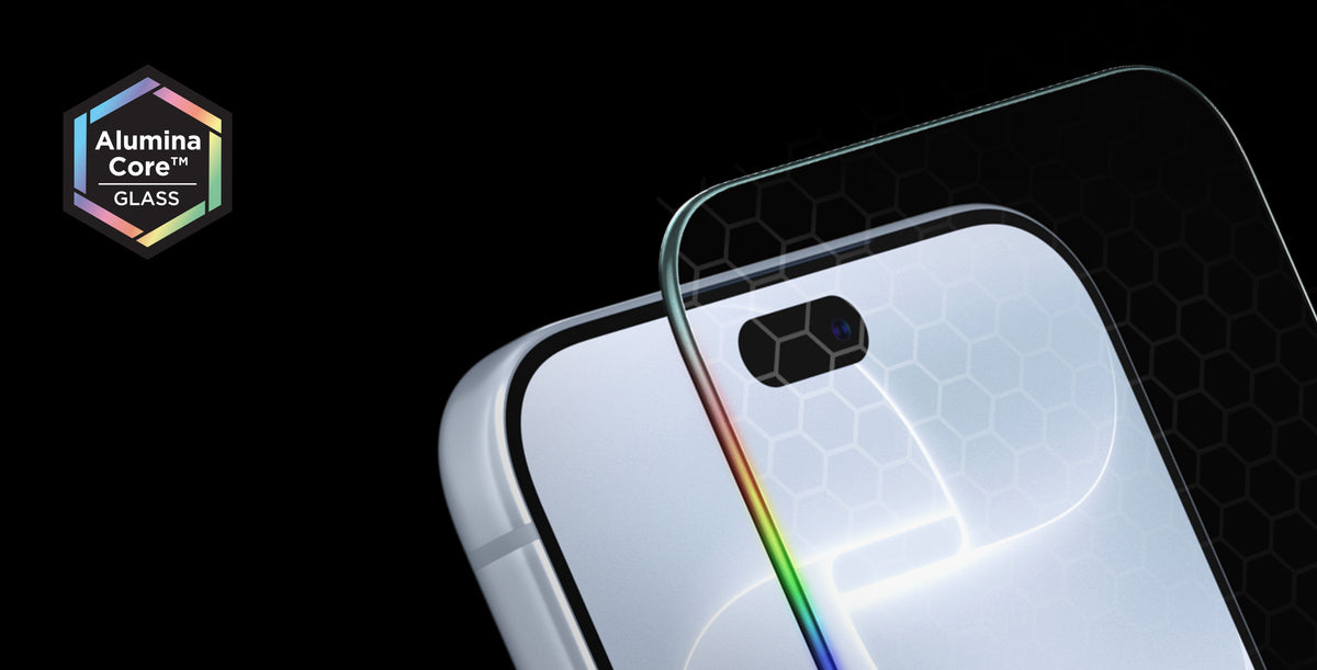 Close up of iPhone with an Alumina Core Screen protector hovering above screen and an Alumina Core Glass logo on the top left