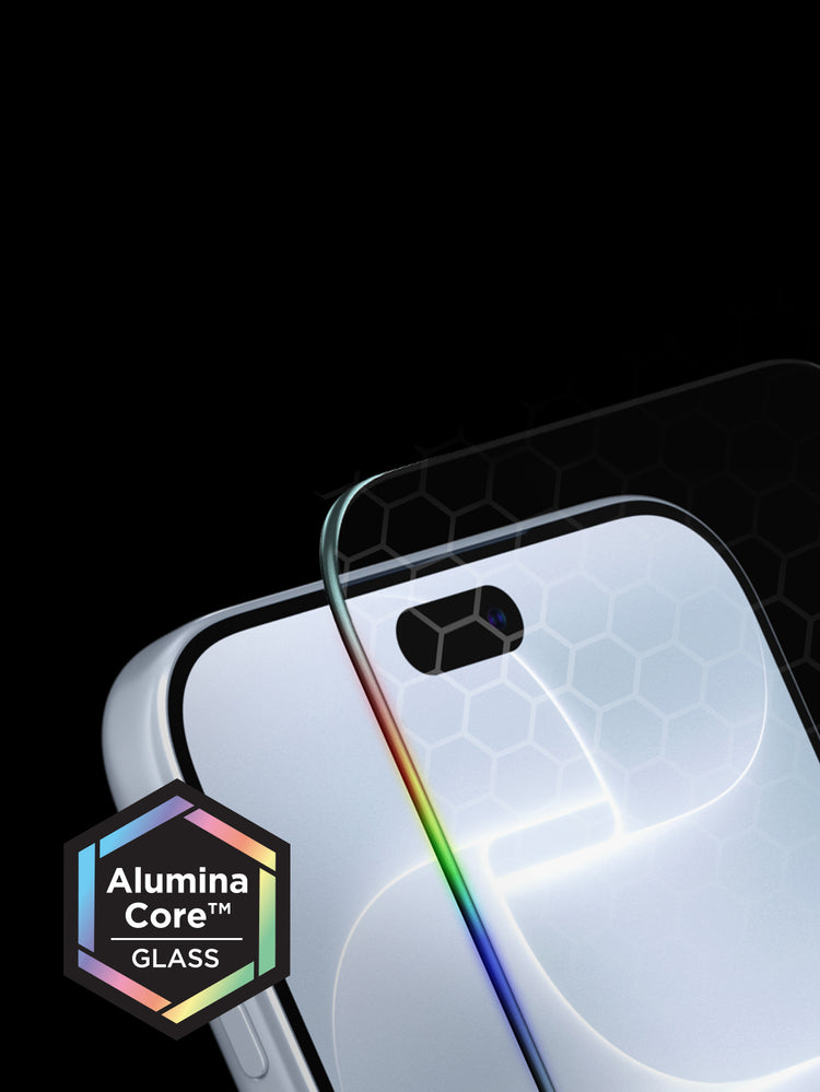 Close up of iPhone with an Alumina Core Screen protector hovering above screen and an Alumina Core Glass logo on the top left