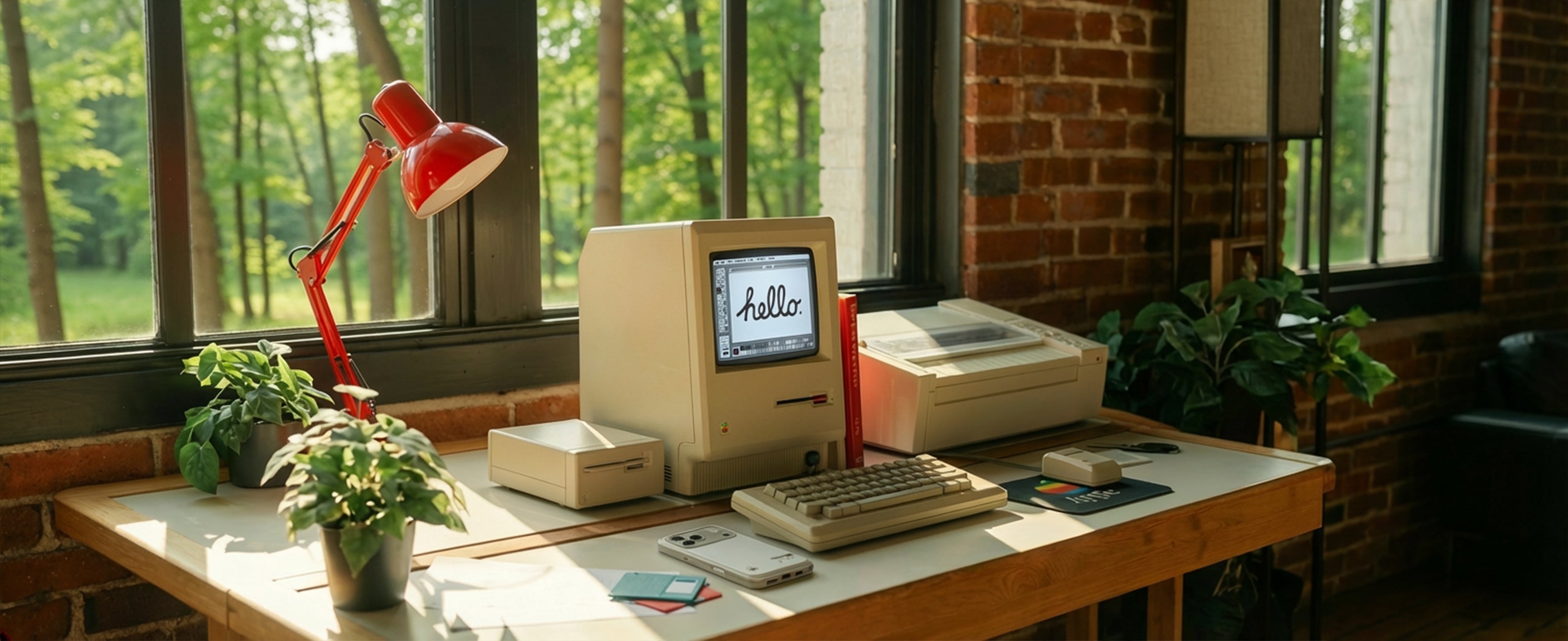 Spigen iPhone 17 Pro Classic case placed on desk in retro workspace with vintage Macintosh computer and accessories