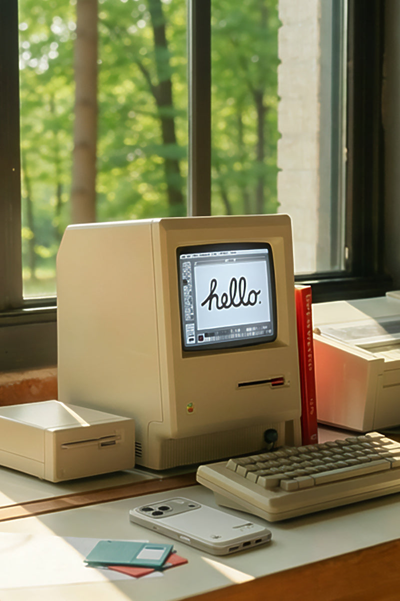 Spigen iPhone 17 Pro Classic case placed on desk in retro workspace with vintage Macintosh computer and accessories