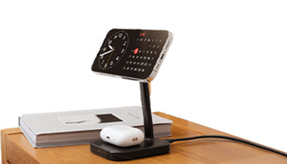 MagFit charger stand on top of desk charging AirPod and iPhone