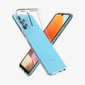 ACS04594 - Galaxy A23 5G Case Liquid Crystal in Crystal Clear showing the back, clear case partially lifted behind it, is a device showing partial front