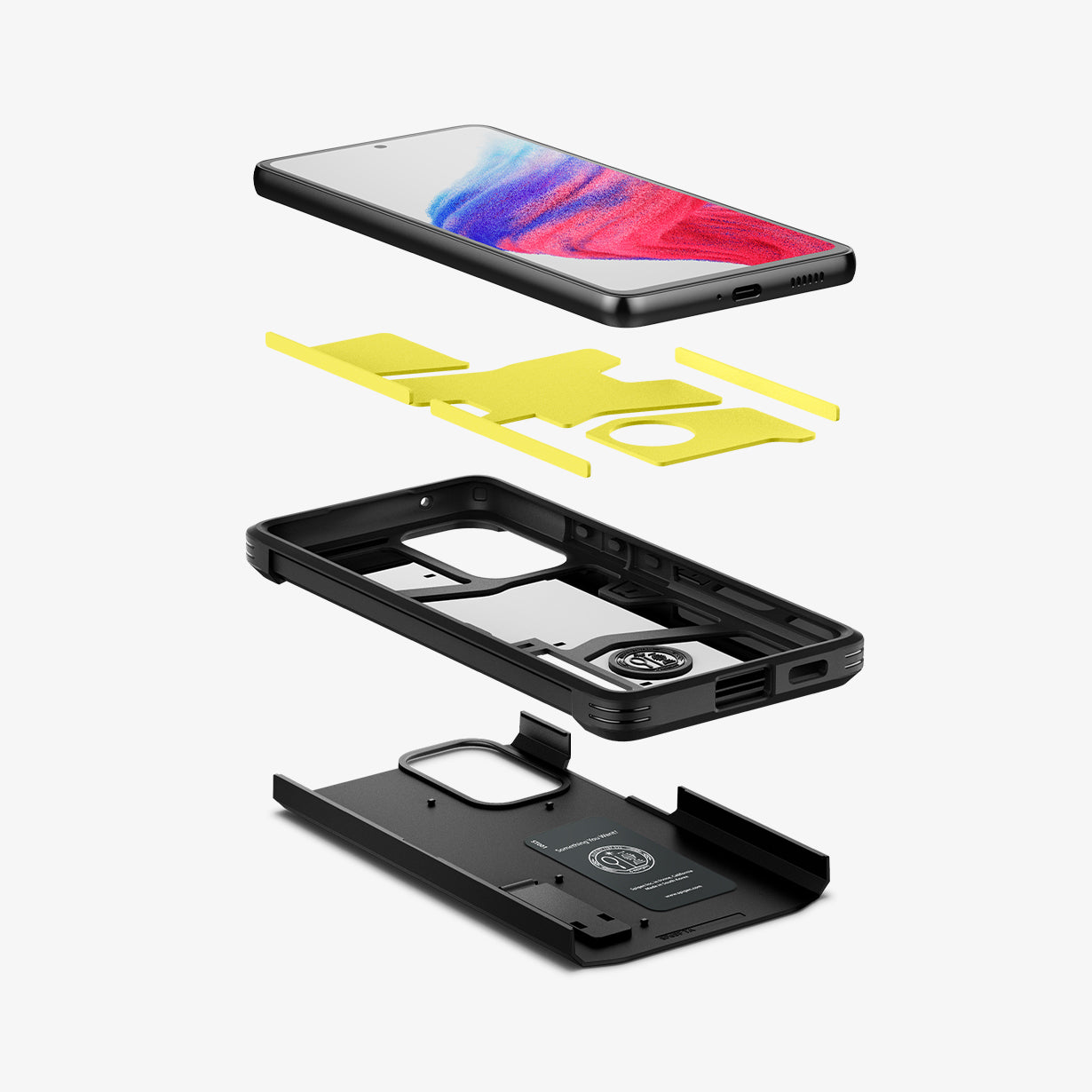 ACS04255 - Galaxy A53 5G Case Tough Armor in Black showing the front of a device hovering above the impact foam detached from the frame and back hard layer of the case