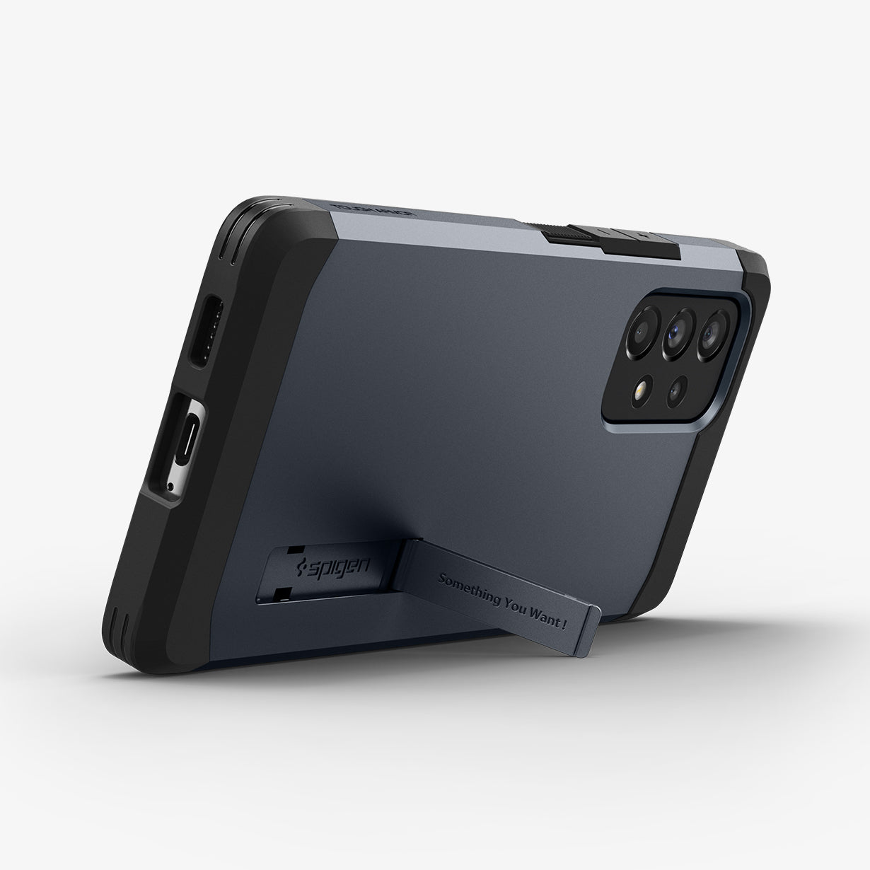 ACS04256 - Galaxy A53 5G Case Tough Armor in Metal Slate showing the back, partial bottom with a built-in kickstand propped up