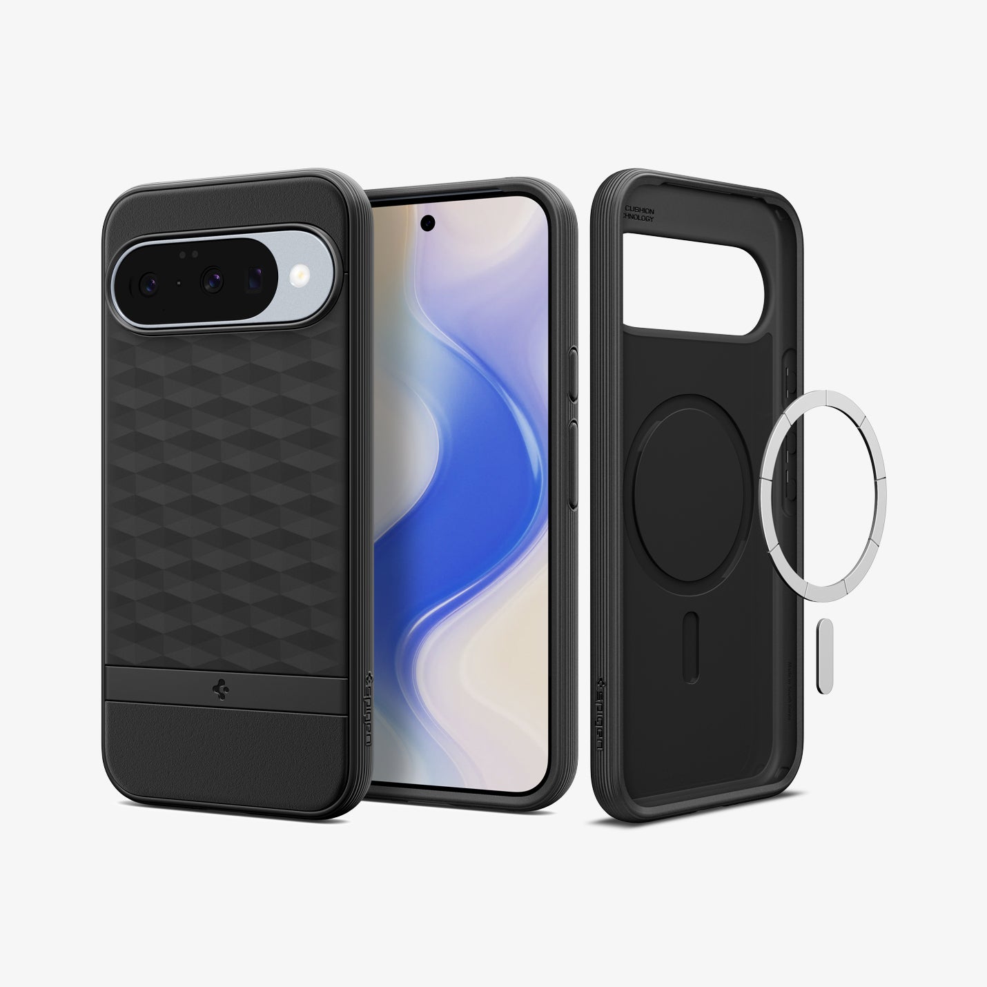 ACS09708 - Pixel 10 Pixel 10 Pro in black showing the back, front and inside