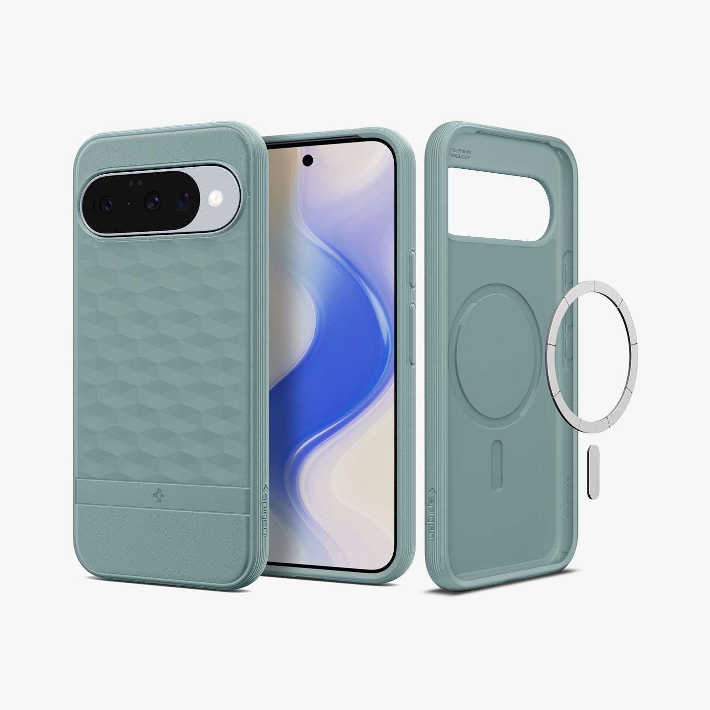 ACS09709 - Pixel 10 Pixel 10 Pro in sage green showing the back, front and inside