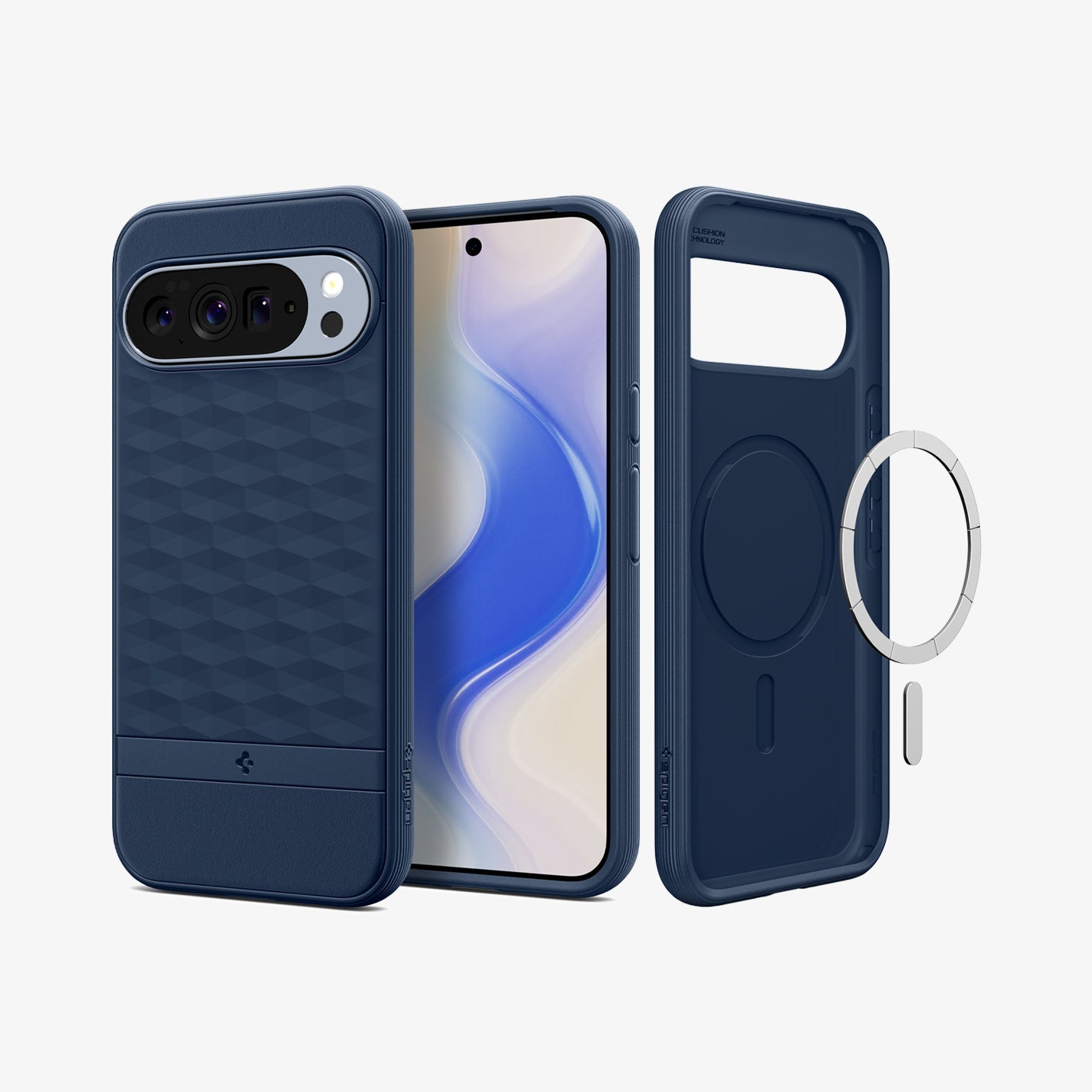 ACS09733 - Pixel 10 Pro XL Case Parallax (MagFit) in midnight blue showing the back, front and inside