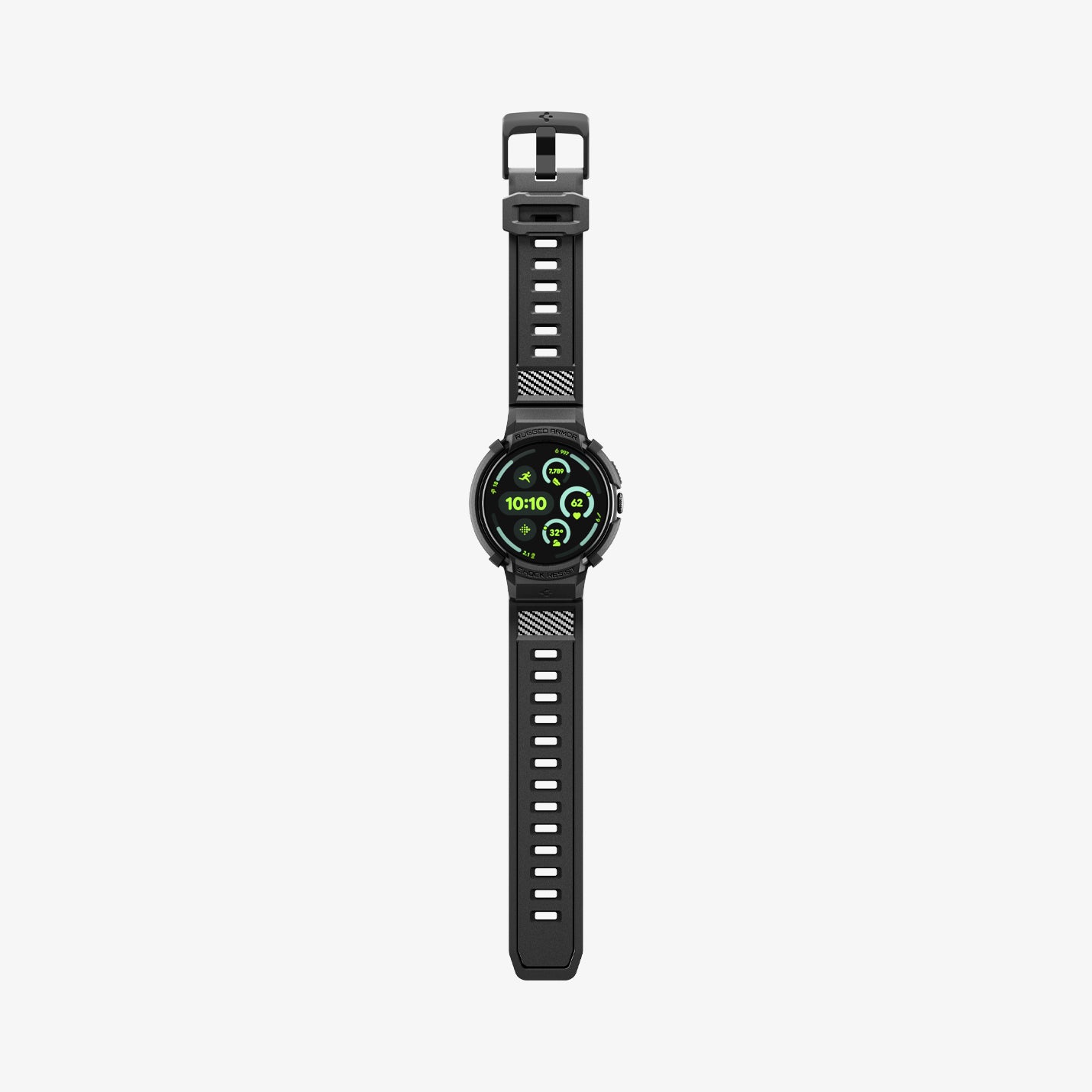 ACS11223 - Pixel Watch 5 (45mm) Rugged Armor Pro Black showing the front with watch band laid out flat