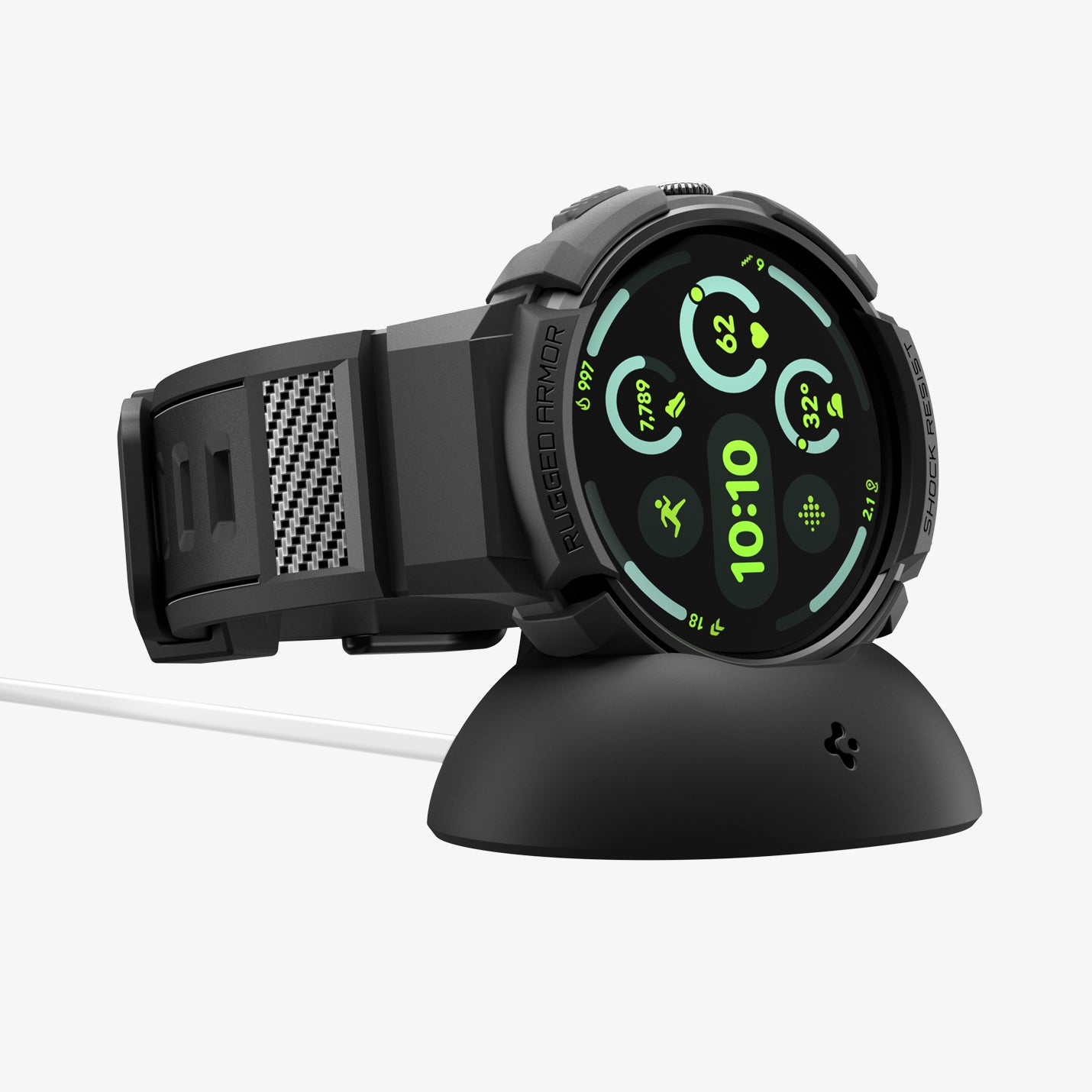 ACS11223 - Pixel Watch 5 (45mm) Rugged Armor Pro Black showing the front and side with watch on charger