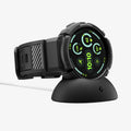 ACS09484 - Pixel Watch 5 (41mm) Rugged Armor Pro Black showing the front and side with watch on charger