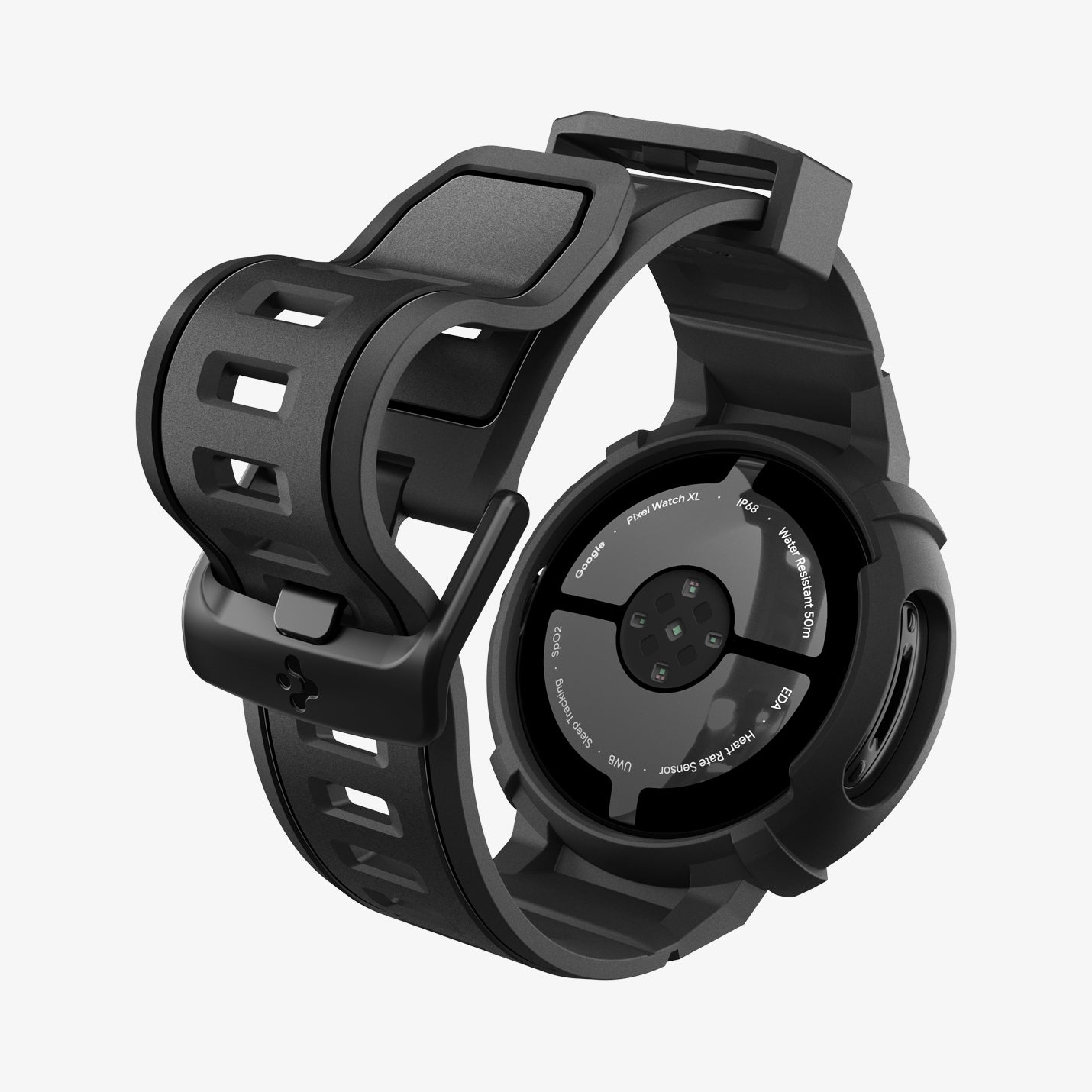 ACS09484 - Pixel Watch 5 (41mm) Rugged Armor Pro Black showing the back with strap slightly bending