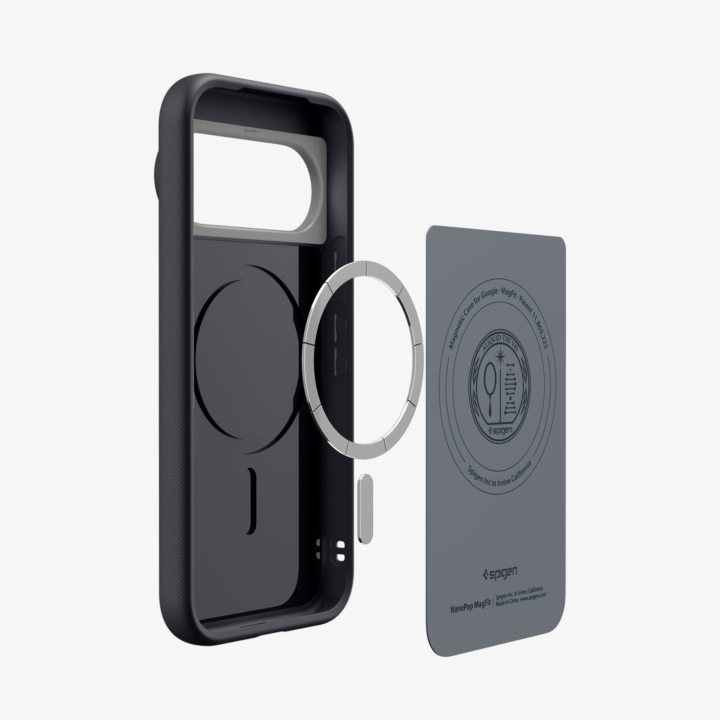 ACS11435 - Pixel 11 Pro  Nano Pop (Mag Fit) Black Sesame exploded view showing the built in magnetic ring, microfiber lining, and layered case construction.