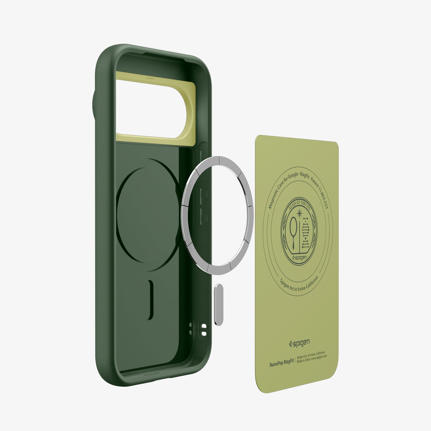 ACS11436 - Pixel 11 Pro  Nano Pop (Mag Fit) Avo Green exploded view showing the built in magnetic ring, microfiber lining, and layered case construction.