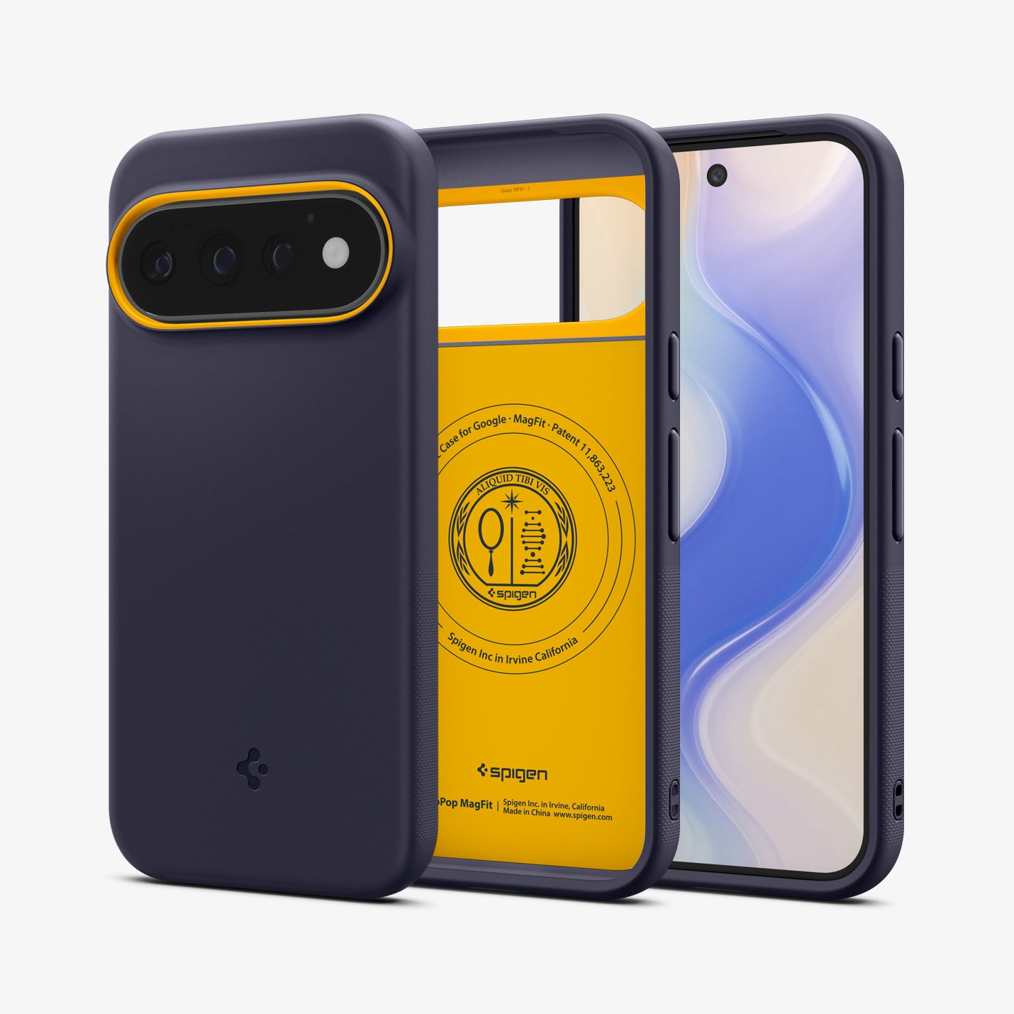ACS11434 - Pixel 11 Pro  Nano Pop (Mag Fit) Blueberry Navy front and back angled views show the slim profile, precise fit, and built in magnetic construction.
