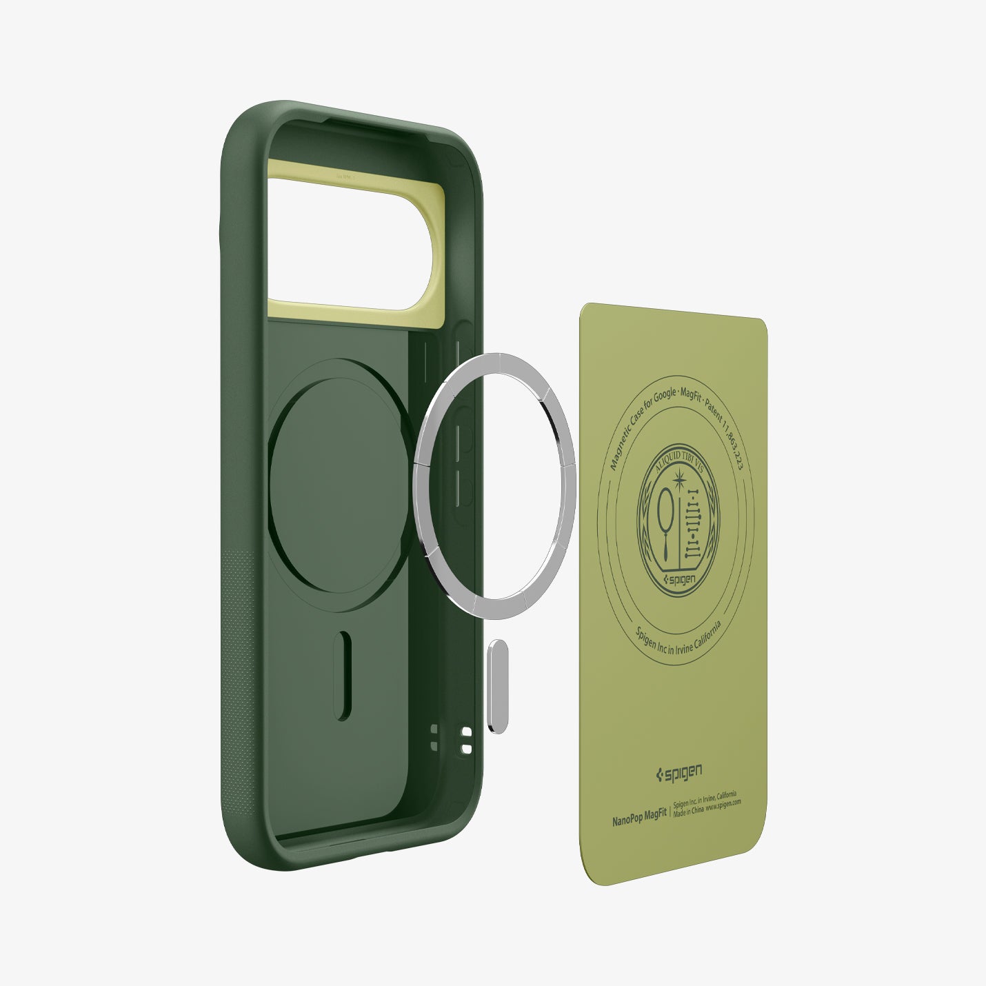 ACS11446 - Pixel 11 Nano Pop (Mag Fit) Avo Green exploded view showing the built in magnetic ring, microfiber lining, and layered case construction.