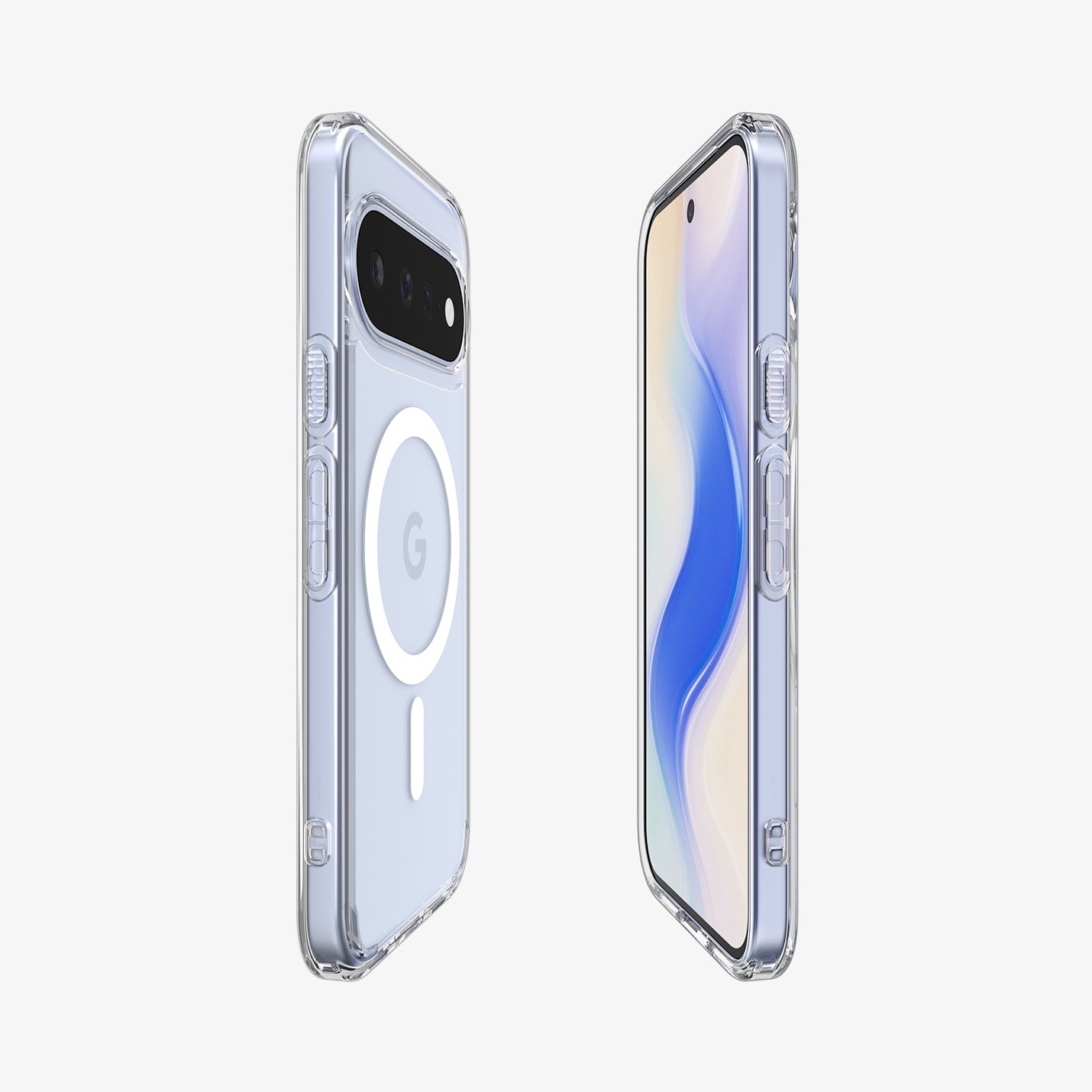 ACS11441 - Pixel 11 Ultra Hybrid (Mag Fit) Clear White front and back angled views display the slim profile, built in MagFit ring, responsive buttons, and precise fit.