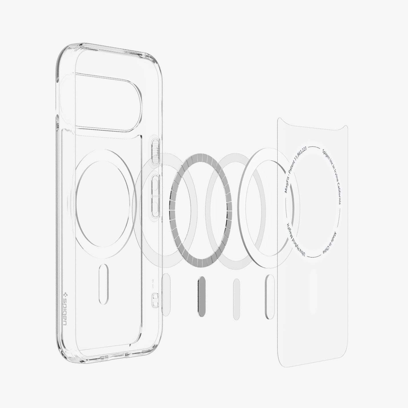 ACS11441 - Pixel 11 Ultra Hybrid (Mag Fit) Clear White exploded view showing the built in MagFit ring, hybrid construction, and layered design.