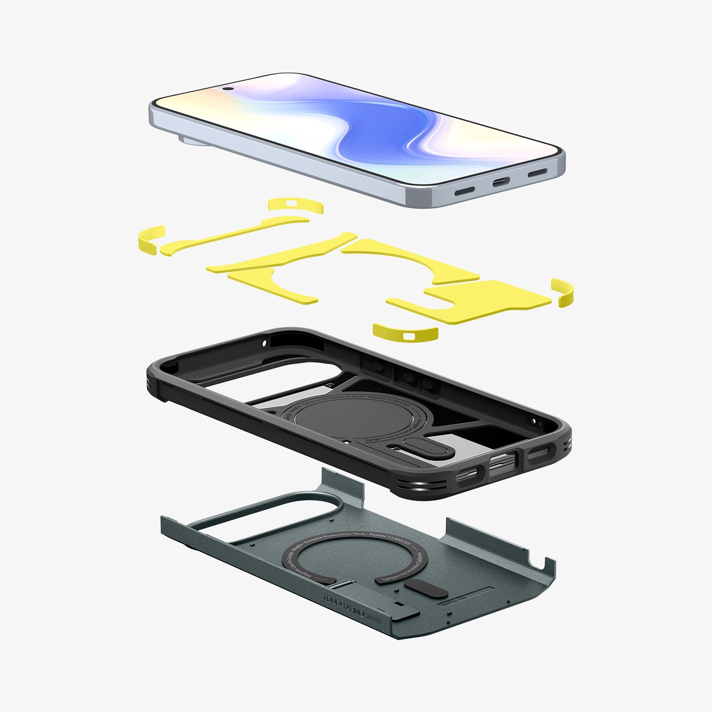 ACS09730 - Pixel 10 Pro XL  Tough Armor AI (MagFit) in Abyss Green showing the multiple layers of case hovering below device