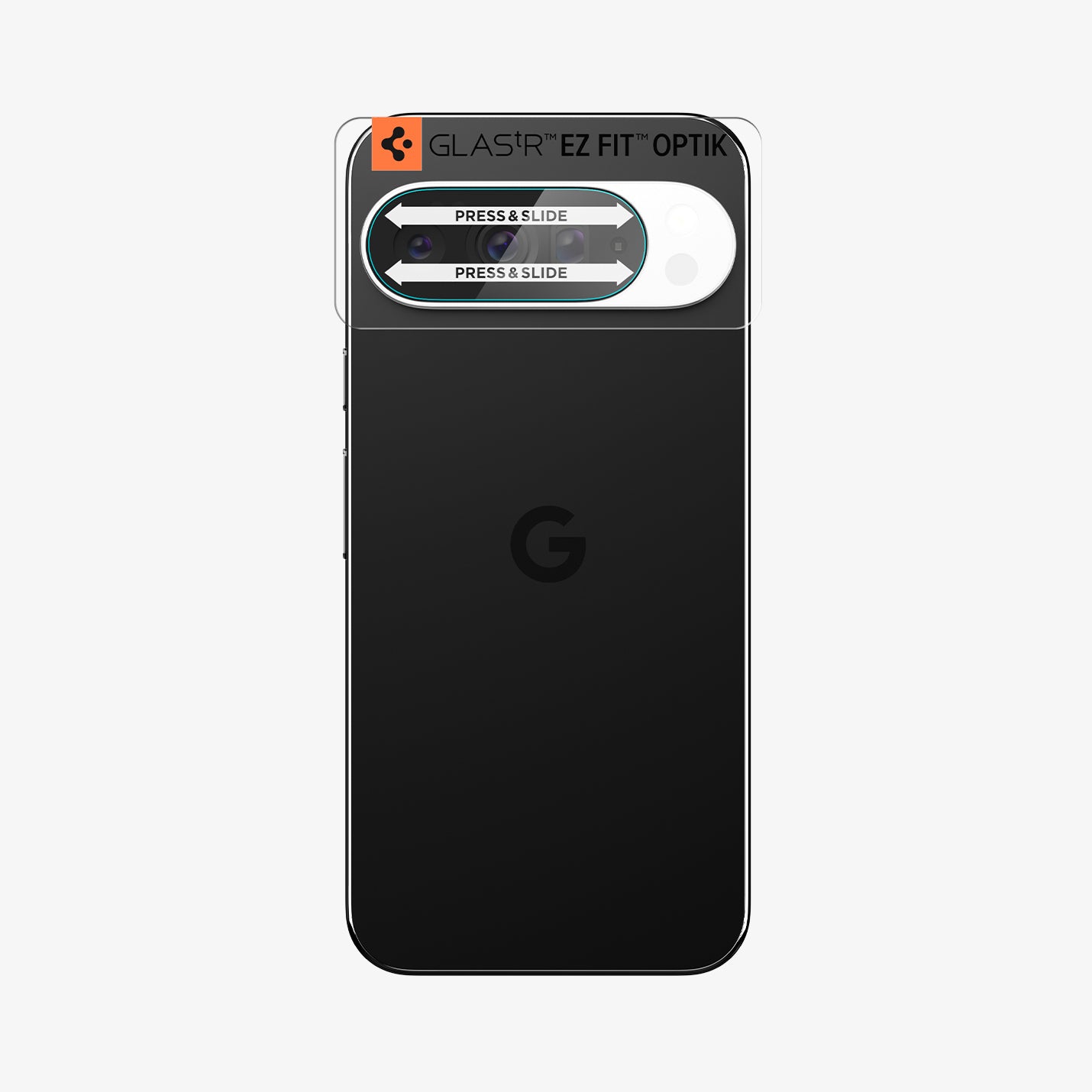 AGL09662 - Pixel 10 Pro Optik EZ Fit Lens Protector showing the installation tray attached to the device