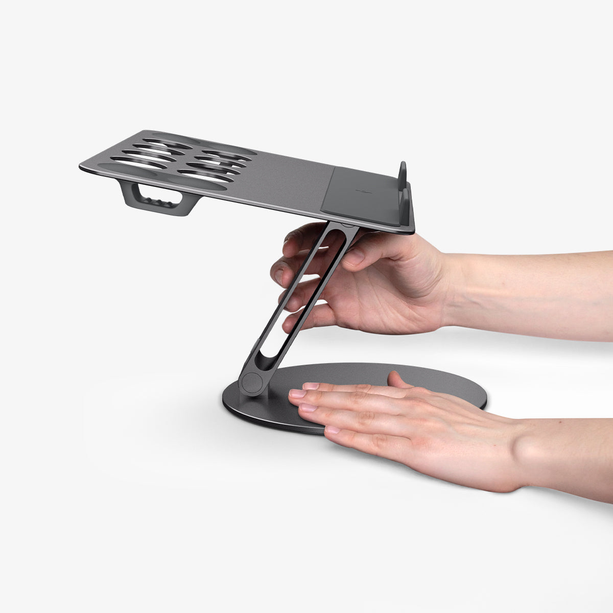 AMP09303 - Laptop Stand | LD206C in Space Gray showing a person adjusting the angle of the stand