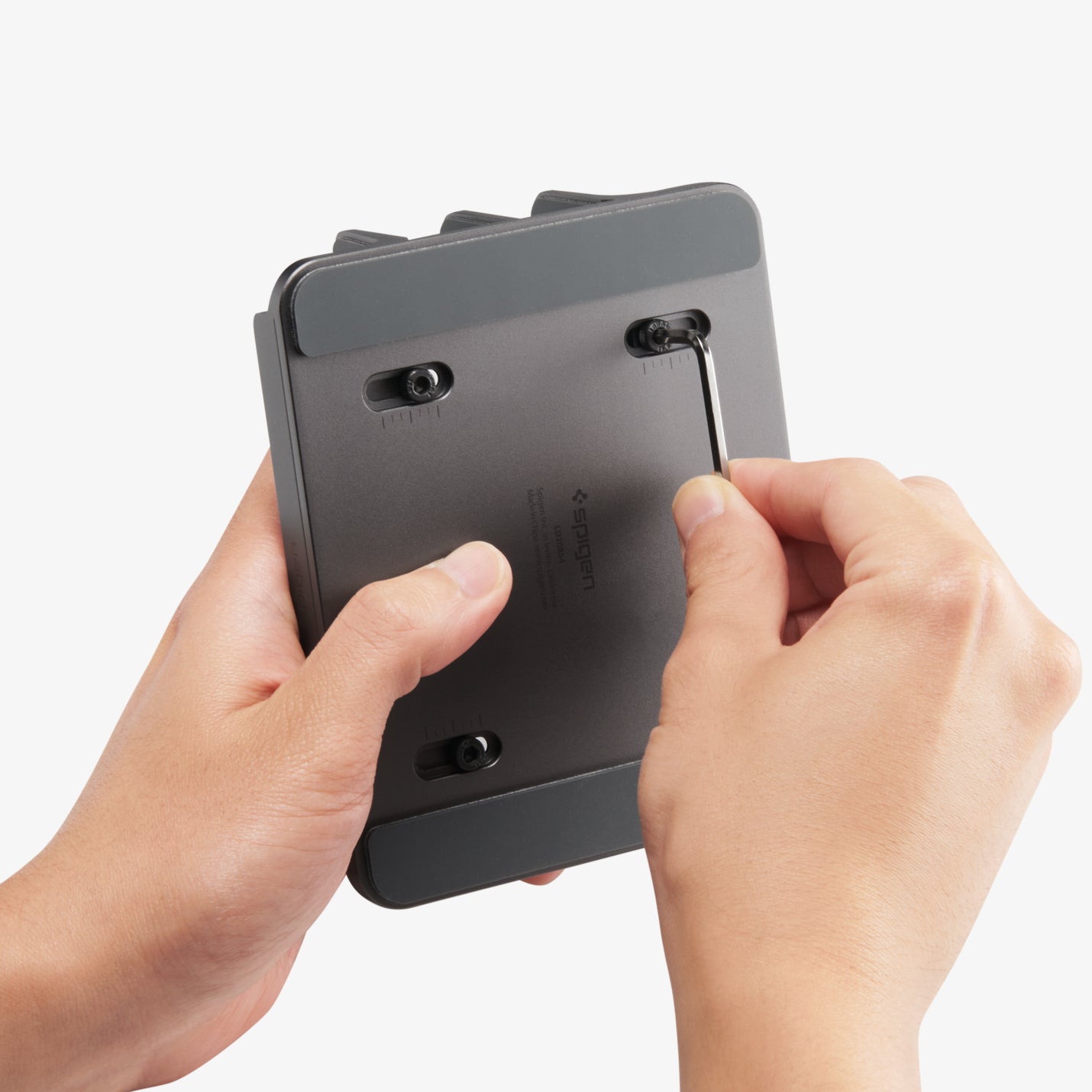 AMP10640 - Vertical Laptop Stand | LD208S4 in Space Gray showing bottom with hand