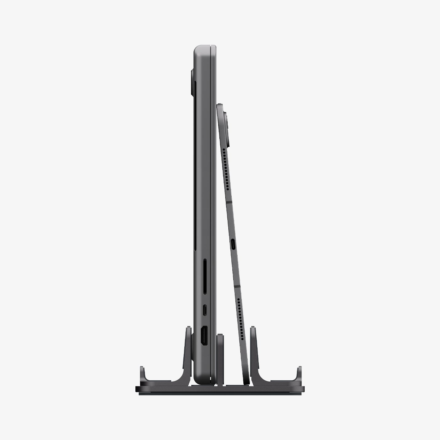 AMP10640 - Vertical Laptop Stand | LD208S4 in Space Gray showing side with device