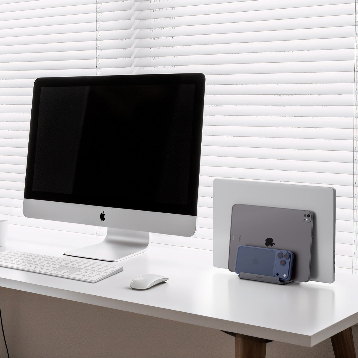 AMP10640 - Vertical Laptop Stand | LD208S4 in Space Gray showing top on the desk