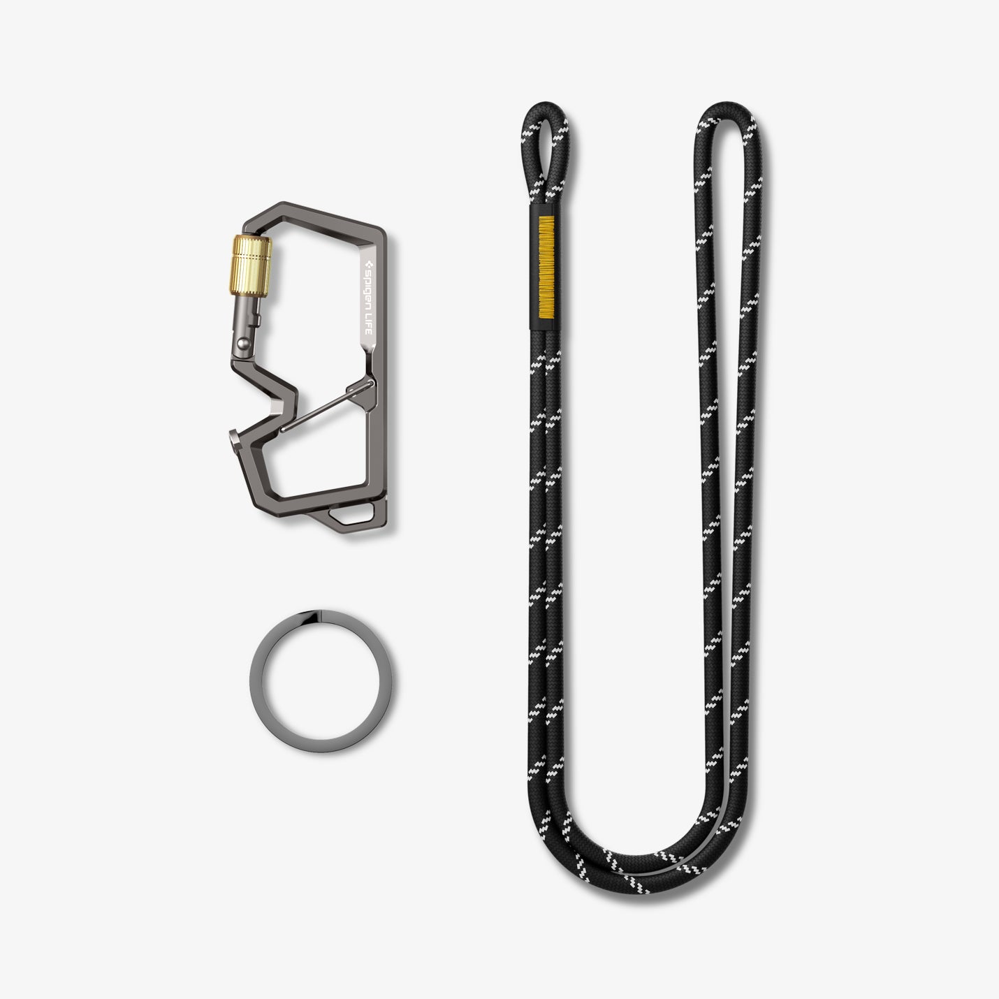 AHP08894 - Carabiner | LF101 in black showing the carabiner, key ring and the rope separately