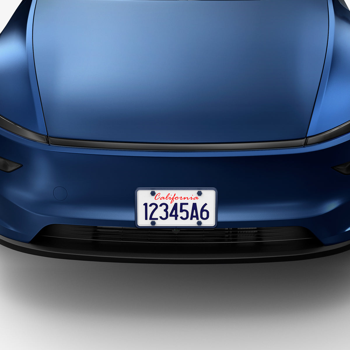 ACP12021 -  License Plate Frame | LP100 in Blue showing the front installed to the front of the car