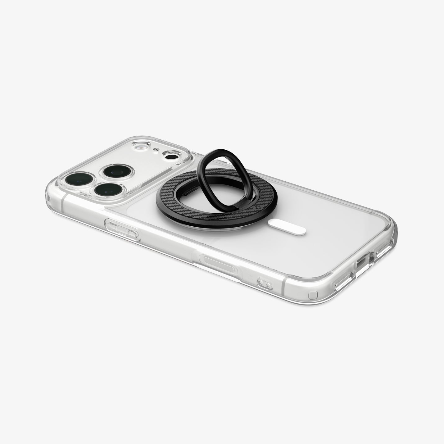 AMP09334 - O-Mag Magnetic Phone Holder (Mag Fit) | OM106 showing ring holder attached to clear iphone case laid flat at an angle on white background