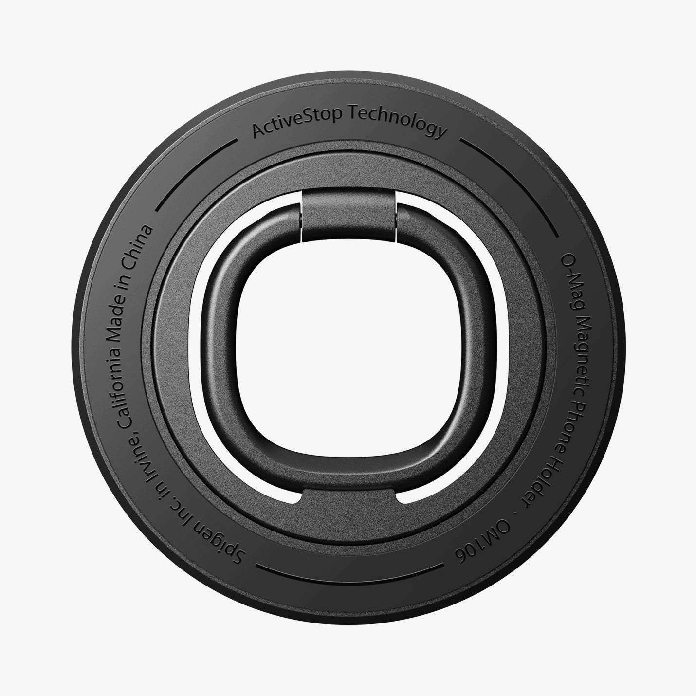 AMP09334 - O-Mag Magnetic Phone Holder (Mag Fit) | OM106 showing underside of ring holder engraved with activestop technology branding and model information