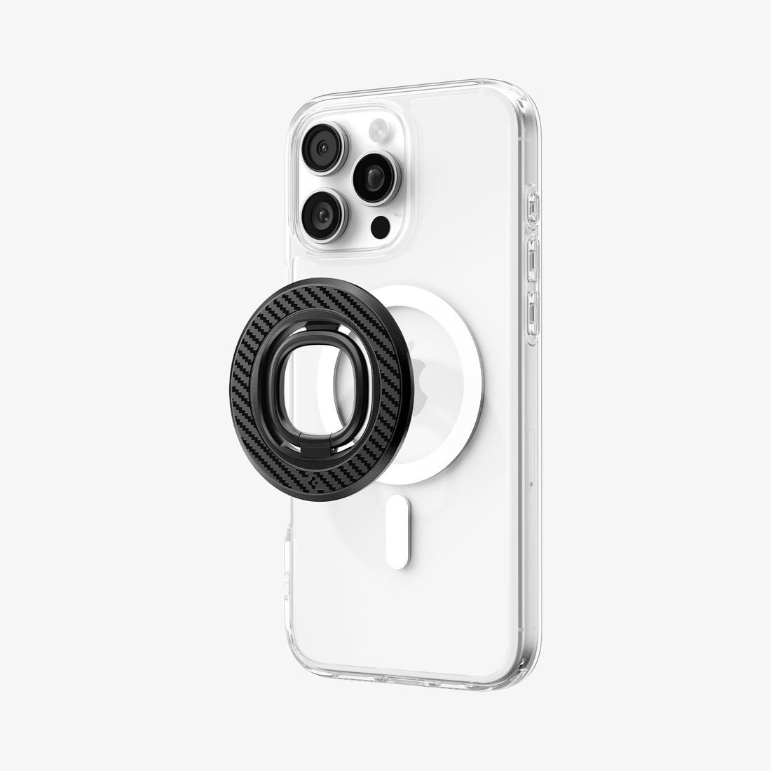 AMP09334 - O-Mag Magnetic Phone Holder (Mag Fit) | OM106 showing carbon fiber patterned magnetic ring holder hovering above magsafe area on clear iphone case