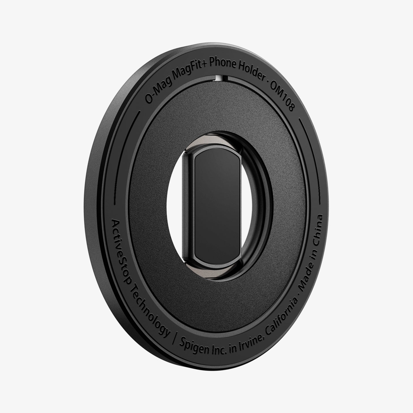 AMP11739 - O-Mag Magnetic Phone Holder (Mag Fit+) | OM108 side view of the phone holder displaying engraved branding and ActiveStop Technology text