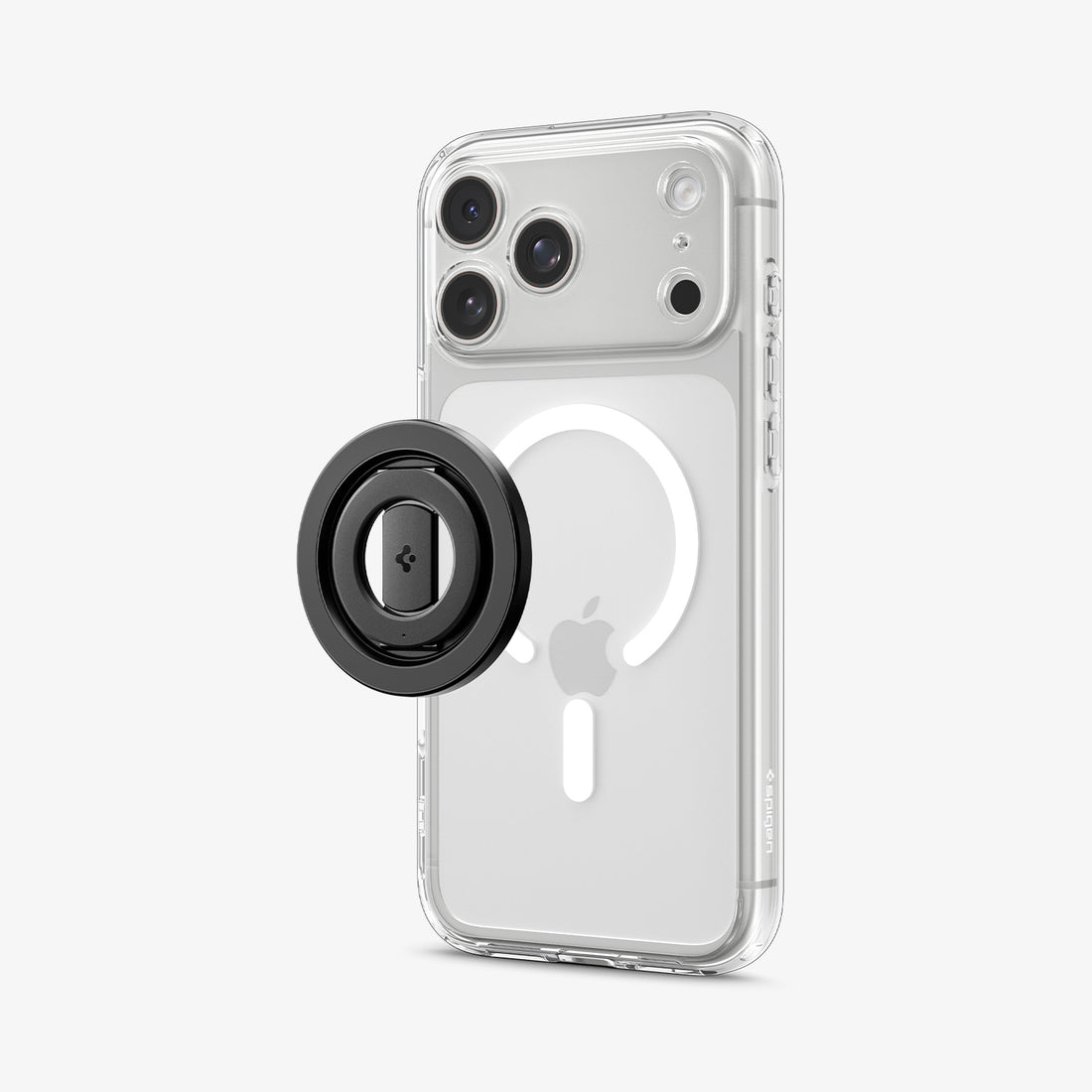 AMP11739 - O-Mag Magnetic Phone Holder (Mag Fit+) | OM108 showing the O-Mag MagFit+ Phone Holder positioned beside a clear iPhone case with MagSafe