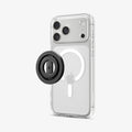 AMP11739 - O-Mag Magnetic Phone Holder (Mag Fit+) | OM108 showing the O-Mag MagFit+ Phone Holder positioned beside a clear iPhone case with MagSafe