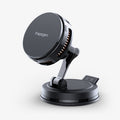 ACP11399 - Peltier Dashboard Charging Mount with Cable | PLT100 (Mag Fit) showing the black Spigen PLT100 magnetic dashboard mount from an angled view, with charging head, hinged arm, and suction base.