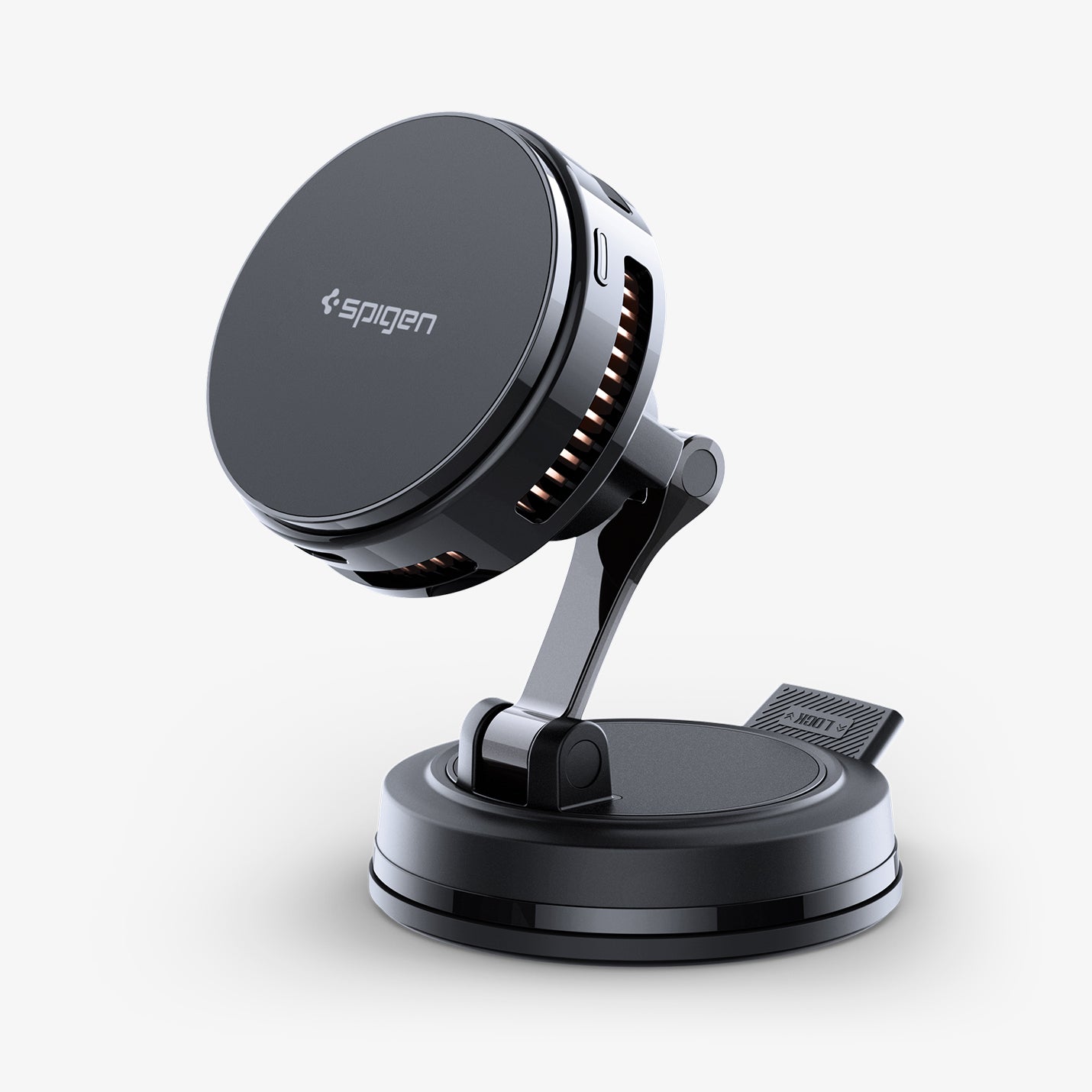 ACP11399 - Peltier Dashboard Charging Mount with Cable | PLT100 (Mag Fit) showing the black Spigen PLT100 magnetic dashboard mount from an angled view, with charging head, hinged arm, and suction base.